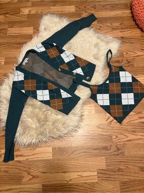 Argyle Knit Cardigan & Tank Set in Teal, Brown & White